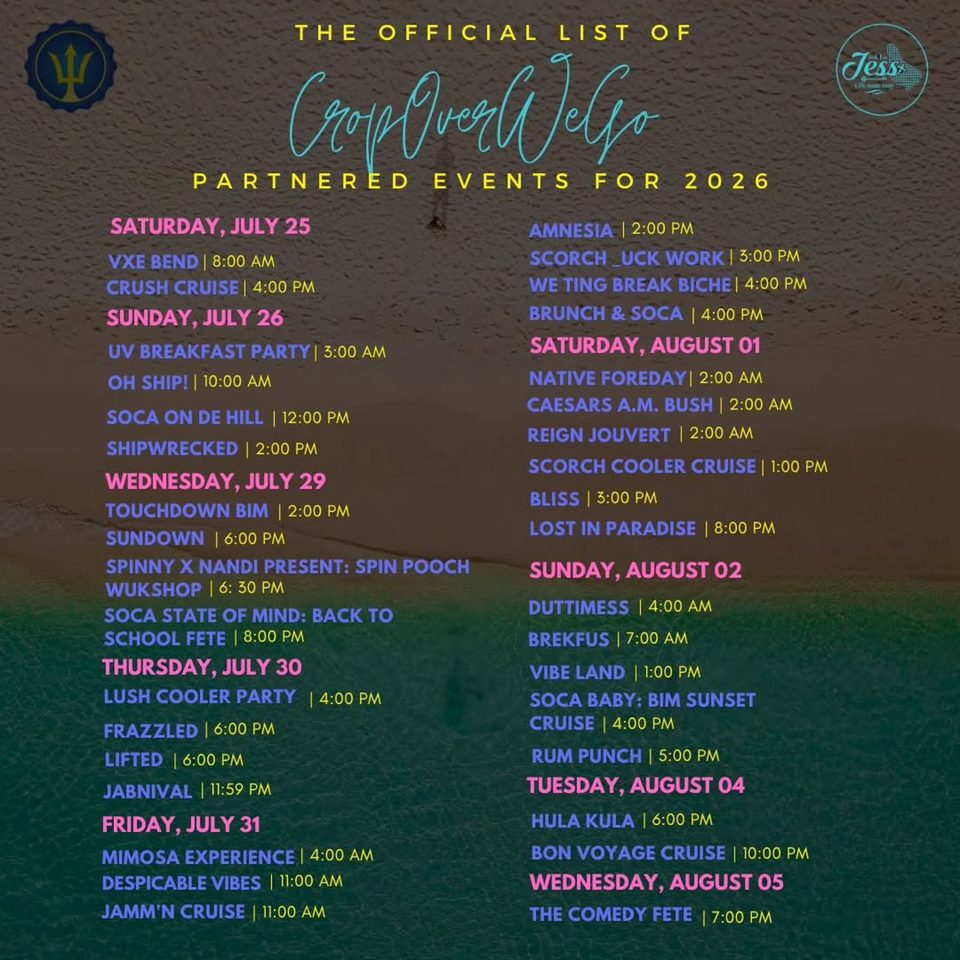 Event poster for Crop Over We Go 2026 – Partnered Events Calendar (Official List)